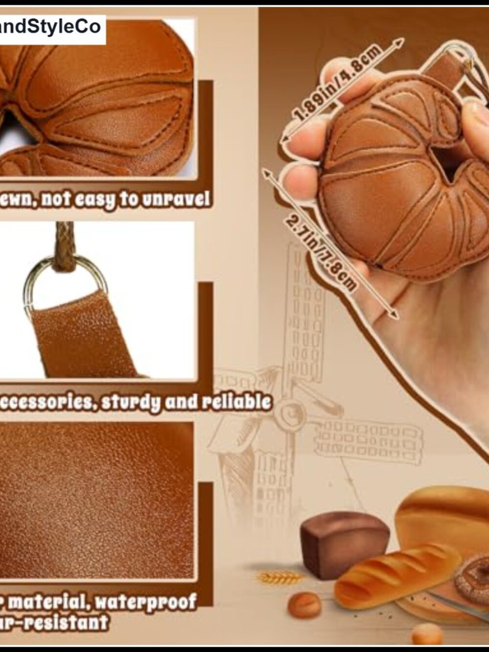 Leather Croissant Bag Charm Keychain for Handbags - Picture 2 of 6